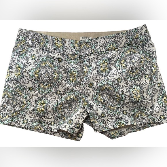 J CREW COTTON SHORTS WHITE AQUA YELLOW BLACK OUTLINE ABSTRACT - Picture 4 of 5